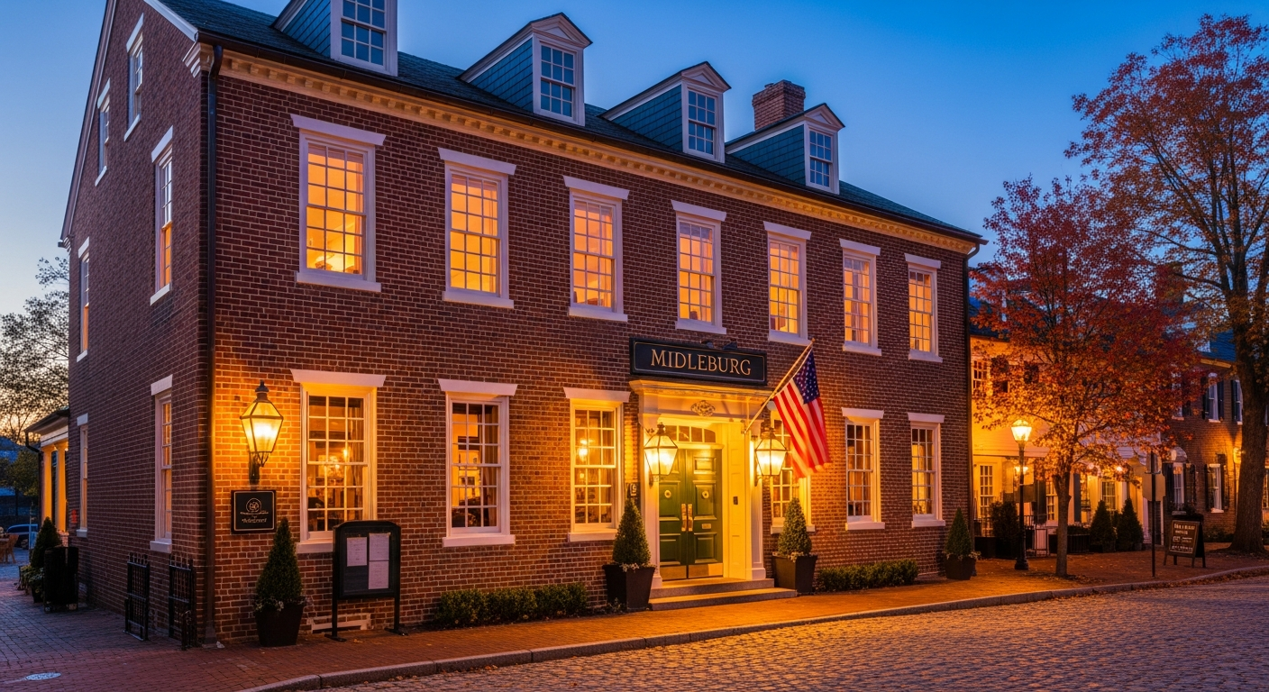 The Vintage Equestrian Club exterior at dusk, Middleburg Virginia